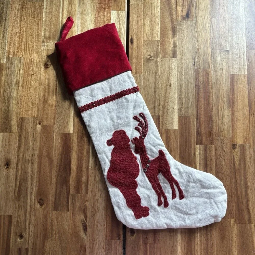 1 Pottery Barn Kids Christmas Stocking Santa Claus Reindeer Linen Velvet Holiday